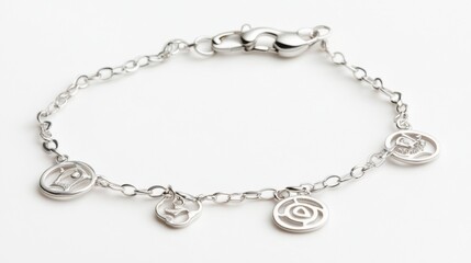 Silver Charm Bracelet with Unique Symbols on Isolated Background