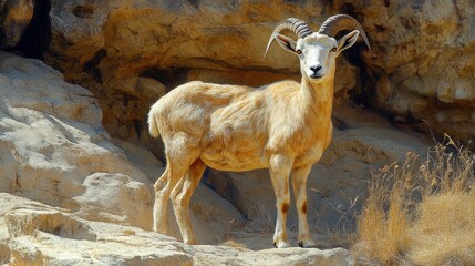 Desert ibex standing on rocks, facing forward.