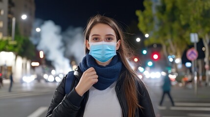 Young woman wearing a protective face mask on a city street at night with blurred traffic lights and urban background.