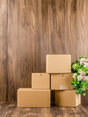 Cardboard boxes stacked neatly wooden background interior scene