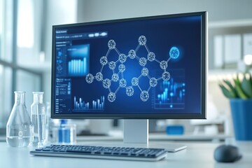 Fototapeta premium Modern lab with computer screen showing molecular structure