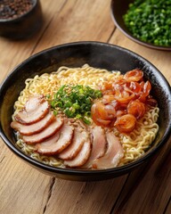 Delicious Hot Ramen Noodles with Toppings on Wooden Surface