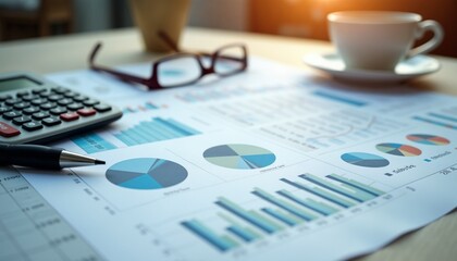 Detailed investment portfolio with charts and graphs on desk alongside calculator and coffee cup