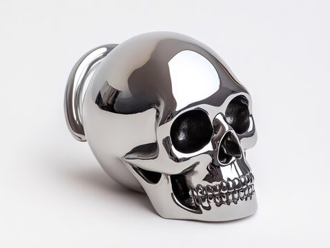 A silver skull shaped knob on a white background