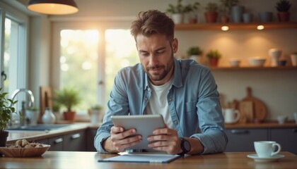 Photorealistic style, an investor in casual attire reviewing their portfolio on a tablet, calm and focused atmosphere