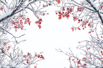 Snowy Winter Frame with Red Leaves and Berries Creating a Serene Christmas Scene in a Nature-Inspired Border