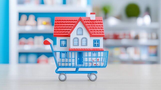 A miniature house in a shopping cart represents home ownership.