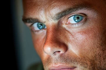 Fototapeta premium A close-up of a person intently focusing on a task, their face illuminated by the glow of a laptop screen in a dimly lit room