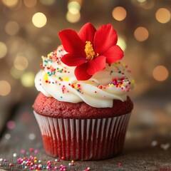 a red velvet cupcake with white frosting, sprinkles, and a red flower