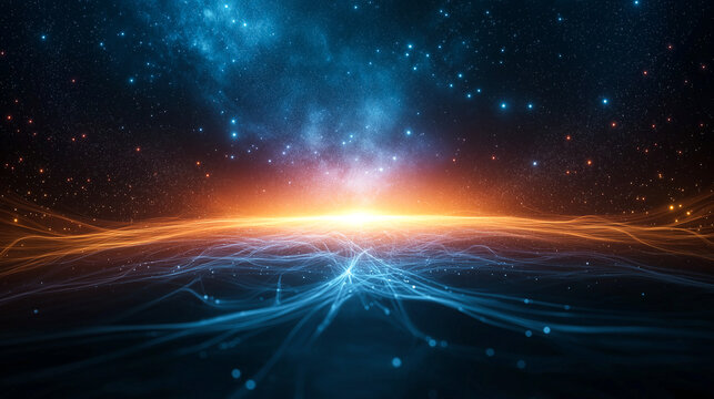 stunning abstract background featuring glowing light and vibrant colors, showcasing cosmic scene with blue and orange hues, creating sense of depth and wonder