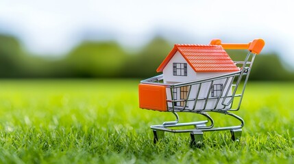 Miniatures in shopping carts symbolize real estate investing and home ownership.