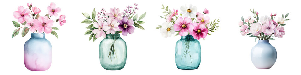 Colorful Spring Flower Bouquets in Delicate Glass Vases   Soft Romantic Floral Arrangements with Daisies Tulips and Roses in Pastel Hues
