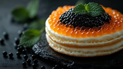 Elegant layered dessert topped with caviar and fresh mint leaves on a dark slate plate.