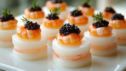 Elegant shrimp and caviar appetizers on white platter.