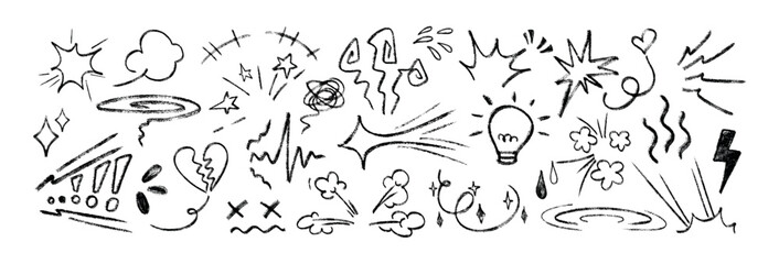 Line movement elements, anime manga doodle set. Black crayon comic emotion symbols, emoji icons. Hand drawn chalk pencil explosion effects, charcoal expression signs, exclamation marks or action lines