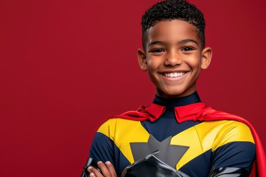 A Smiling Boy Dressed In A Superhero Costume