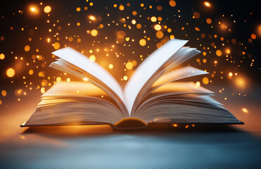 open book with pages turning, surrounded by glowing particles, creates magical atmosphere. light enhances beauty of book, inviting readers to explore its contents