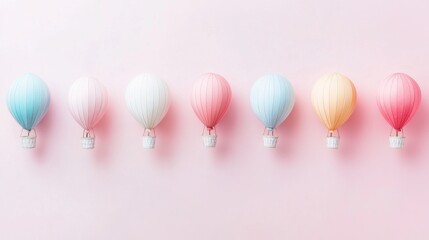 Colorful Hot Air Balloons on Soft Pink Background in Rows