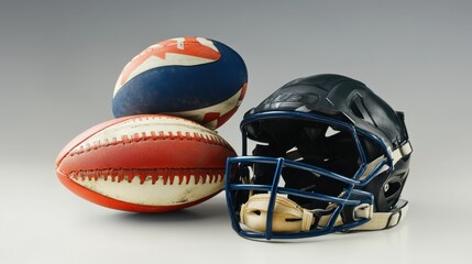 Rugby Balls and Helmet on Gray Background for Sports Themes