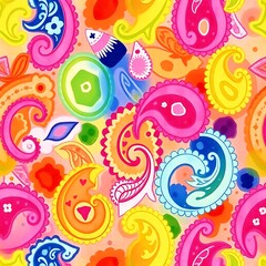 Vibrant Paisley Paradise: A dazzling, seamless pattern bursts with bright, joyful colors and swirling paisley designs. Perfect for adding a touch of playful energy to any project. 