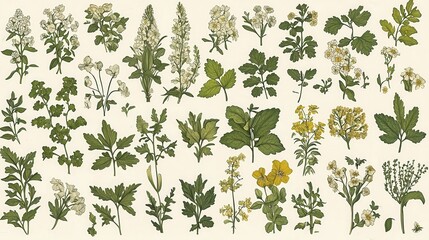 Detailed Botanical Illustration of Various Flowers and Leaves on a Light Background