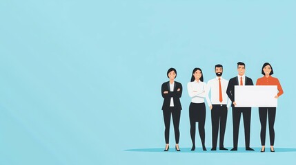 A group of five diverse professionals standing together, one holding a blank sign.