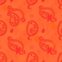 Vibrant Orange Paisley Pattern: A seamless, repeating pattern of intricate paisley motifs in a bright orange hue. Perfect for adding a touch of traditional charm and color to your design projects. 