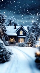 Naklejka premium Flakes of snow gently fall around a Swedish house in the woods, soft lights shining through the snowy landscape and blurred tree silhouettes
