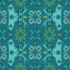 Teal Floral Damask Seamless Pattern 