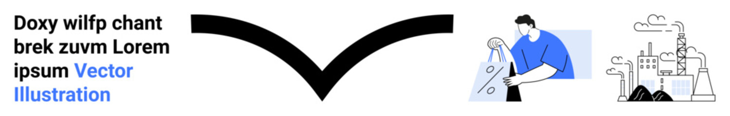 Factory emitting polluting smoke next to a person holding a percentage sign. Text and vector graphic element in between. Ideal for industrial revolution, commerce, environmental impact, marketing