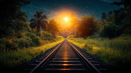 Fototapeta premium Scenic Railway Track Amidst Lush Green Landscape
