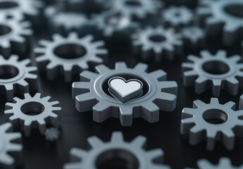 Close up of gray gears with heart symbol, representing connection and unity. intricate design showcases mechanical elements, emphasizing teamwork and collaboration