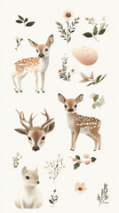 Fototapeta premium Charming illustrations of deer, flowers, and an egg in a whimsical design