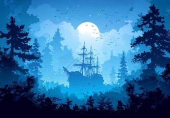 Obraz premium Ocean Underwater Background with Fishes and sunken ship, Sea plants and Reefs. Vector , isolated on white background, , copy space, copy space for text,