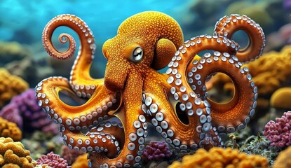 octopus in the coral reef, animals of the underwater sea world, Generative AI , isolated on white background,  , copy space, copy space for text,