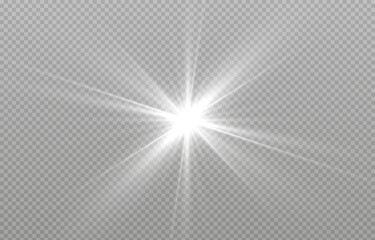 White beautiful light explodes with a transparent explosion. Vector, bright illustration for perfect effect with sparkles. Bright Star. Transparent shine of the gloss gradient, bright flash.