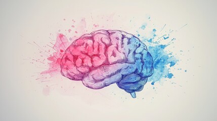 Colorful Brain Illustration with Pink and Blue Watercolor Splashes on White Background