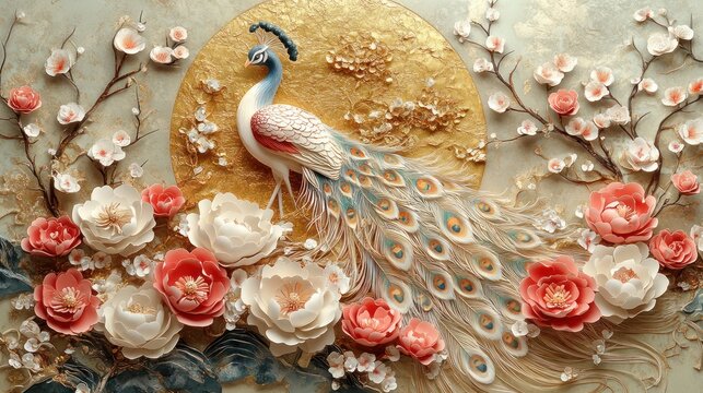 3D embossed peacock with flowers and golden sun.