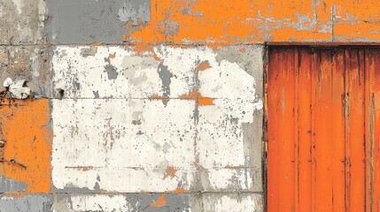 Weathered Concrete Wall with Orange Paint and Rustic Wooden Door Detail