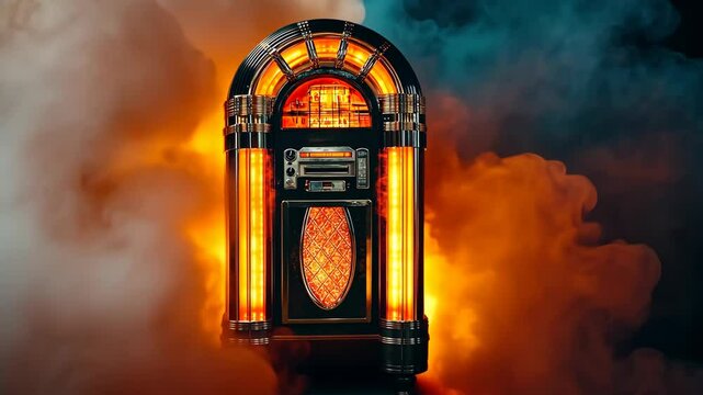 Vintage jukebox emits warm glow amidst colorful smoke at a lively retro party setting