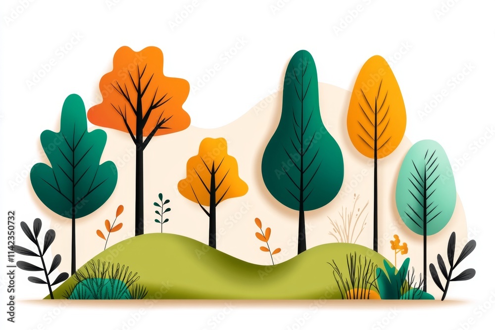 Poster a flat design of a forest scene, with simplified shapes for trees and hills in a vibrant palette of 