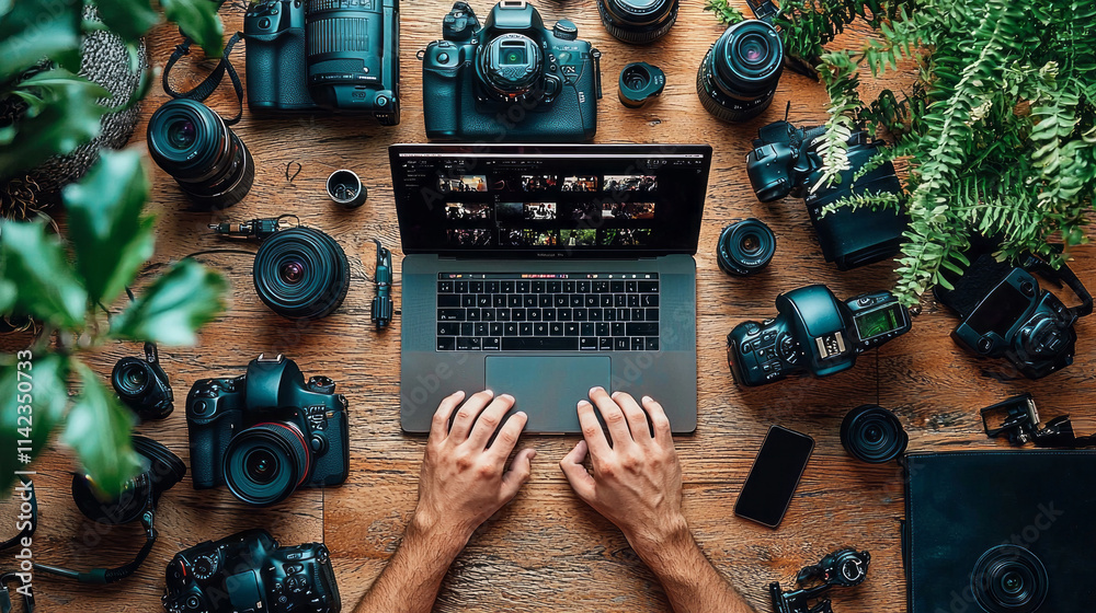 Aufkleber a man is typing on a laptop with a bunch of cameras on the table