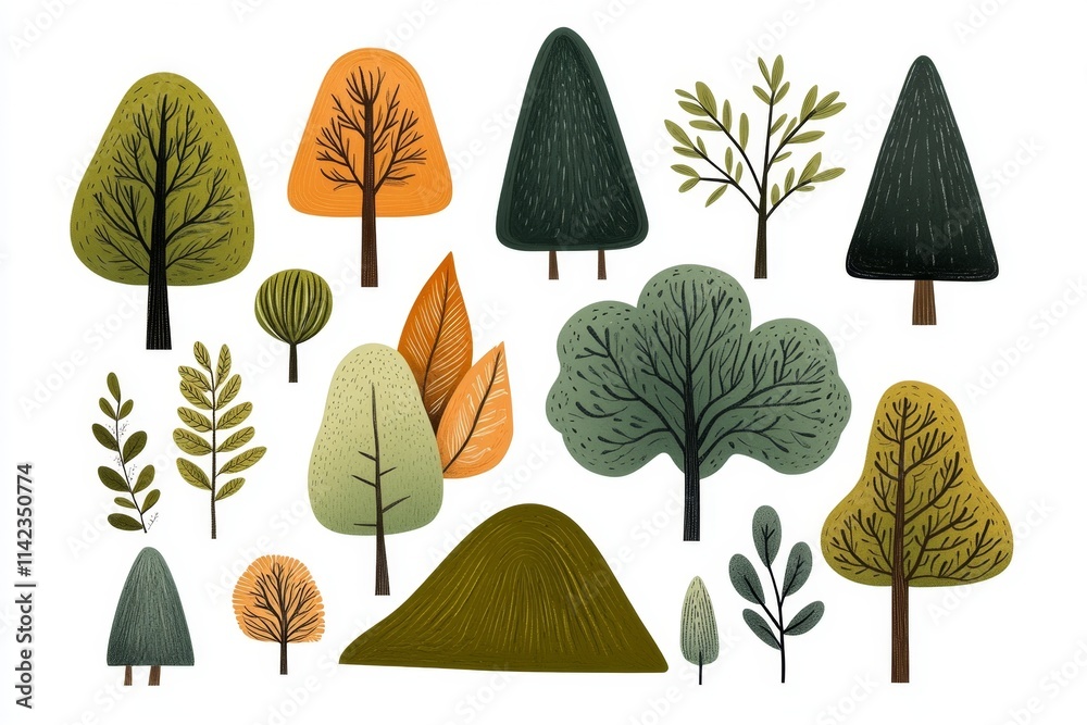 Poster a flat design of a forest scene, with simplified shapes for trees and hills in a vibrant palette of 