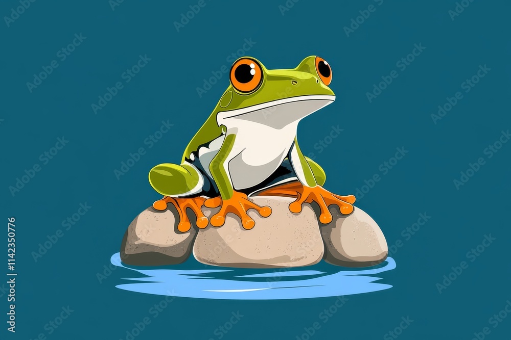Aufkleber a flat design of a frog leaping across stepping stones in a pond, drawn with bold lines and cheerful