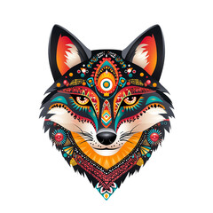Colorful illustration of stylized fox head featuring intricate patterns and vibrant colors, showcasing artistic design and cultural elements