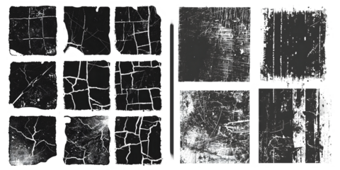 Overlay textures set stamp with grunge effect. Old damage Dirty grainy and scratches. Set of different distressed black grain texture. Distress overlay vector textures. Generative AI.