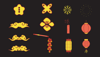 Collection of Chinese New Year design elements. Collection of traditional decorative jewelry in Chinese style for cards, prints, flyers, posters, social media, covers.