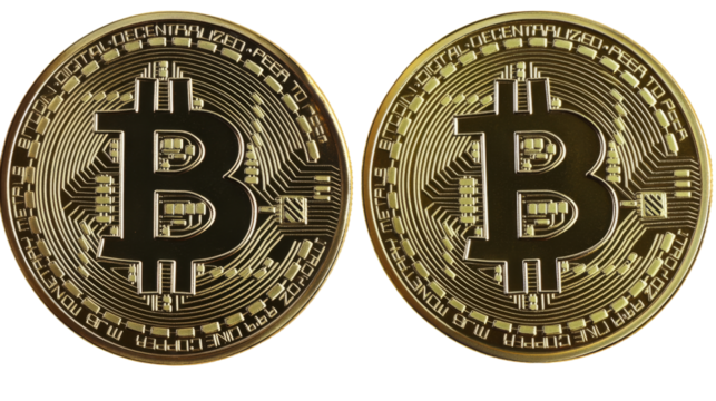 Golden bitcoin, isolated on transparent background
