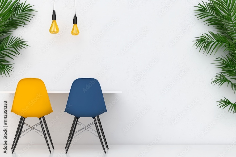 Poster a flat illustration of a minimalist dining table with simple chairs, using bright, bold lines and sh