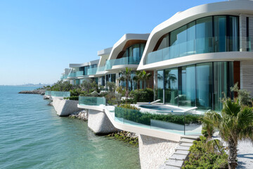 Fototapeta premium glass balconies on a brand-new apartment complex. houses with modern architecture near the sea. The building's facade is heavily glassed. 